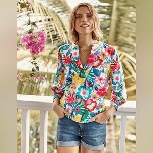 BODEN Kaftan Roberta Top Poppver Blouse Shirt Floral Yellow White Blue Size 2